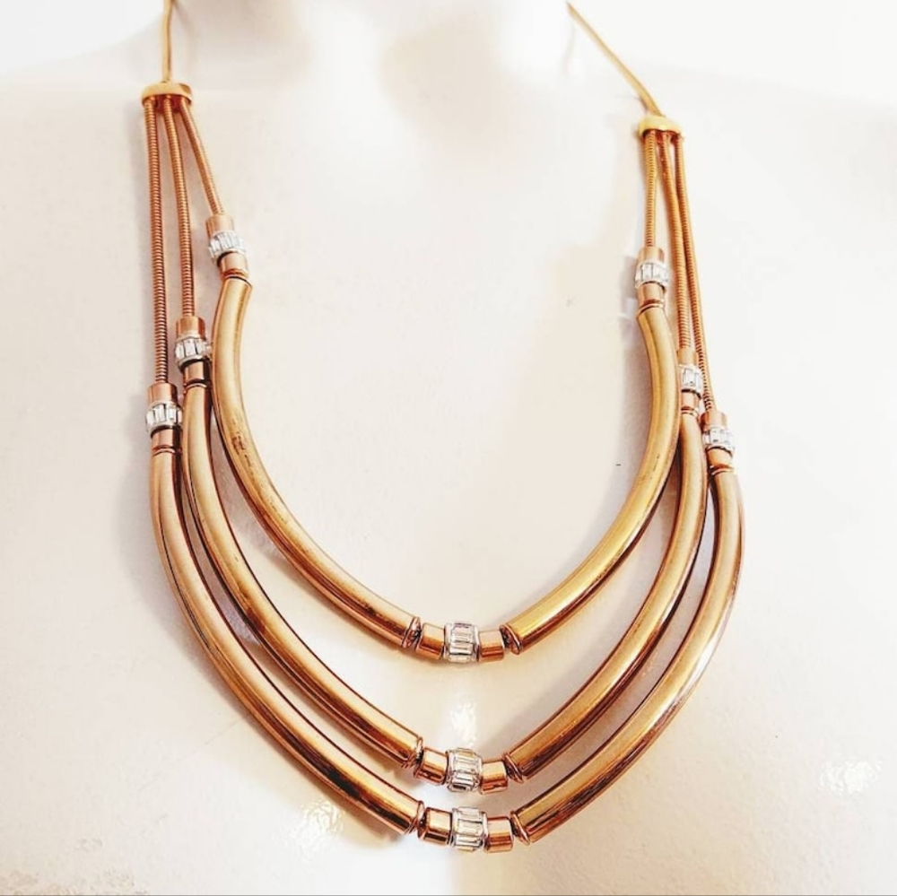 Henri Bendel art deco triple strand gold finish necklace tassle Statement